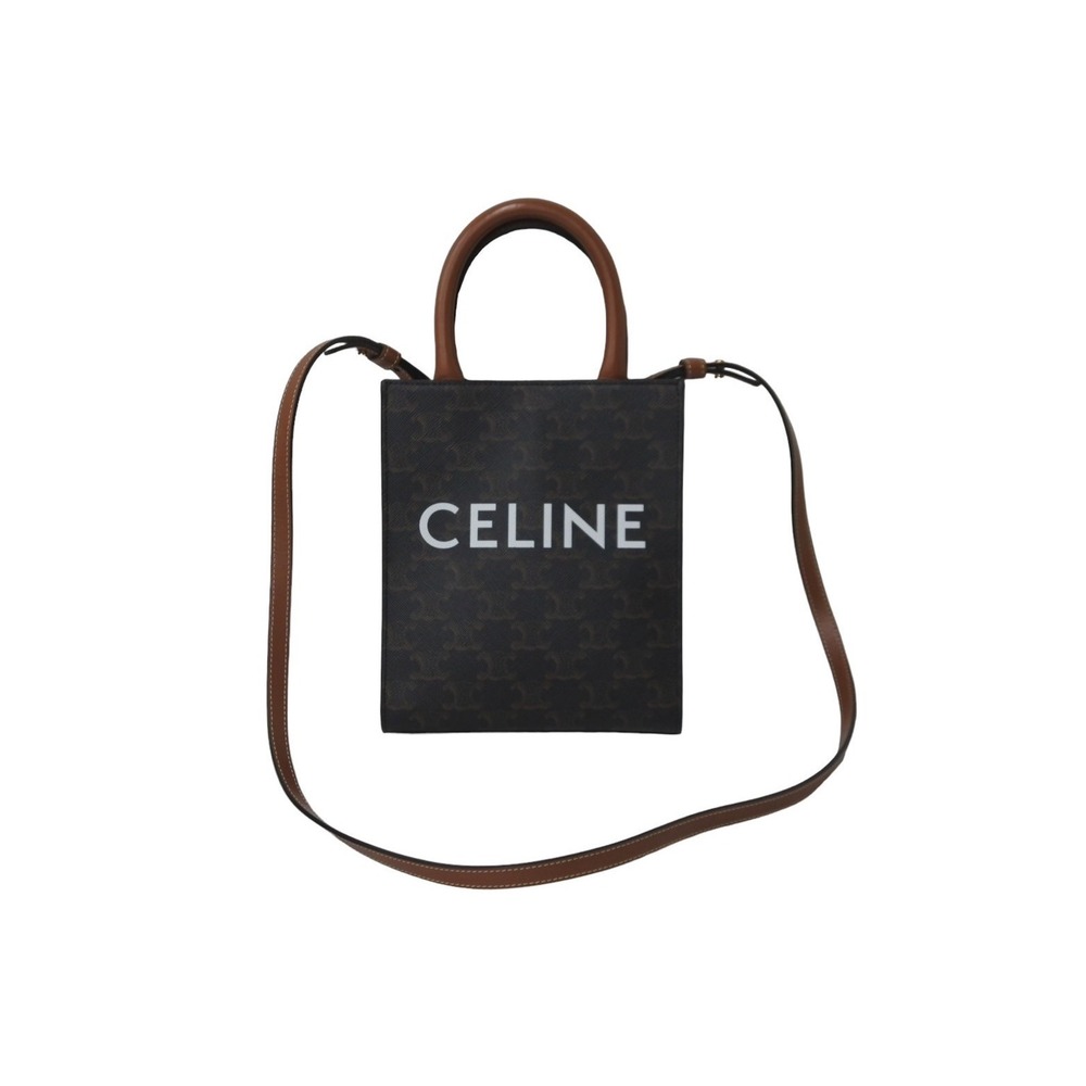 Celine Brown Shoulder Canvas Bag Triomphe Vertical Logo - Picture 2 of 8
